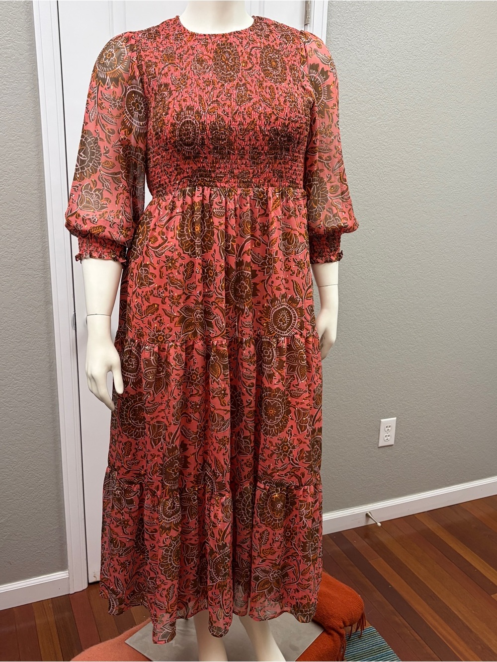 Boden Floral Smocked Midi Dress Metallic Thread Long Sleeve Pink Brown US 14